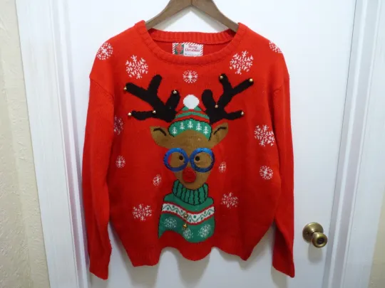 Discover Large/X Large Ugly Christmas Sweater Rudolf Red Nose Reindeer with Glasses