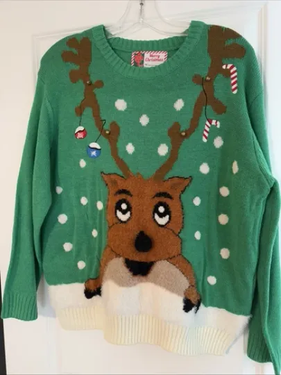 UGLY CHRISTMAS SWEATER Green REINDEER Jingle Bells ADULT XL