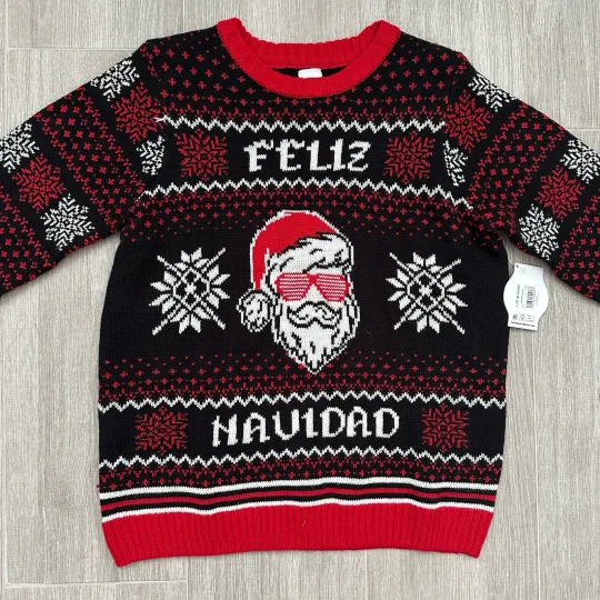 Ugly Christmas Sweater Holiday Feliz Navidad Santa W/ Sunnies Size L 10/12 Husky