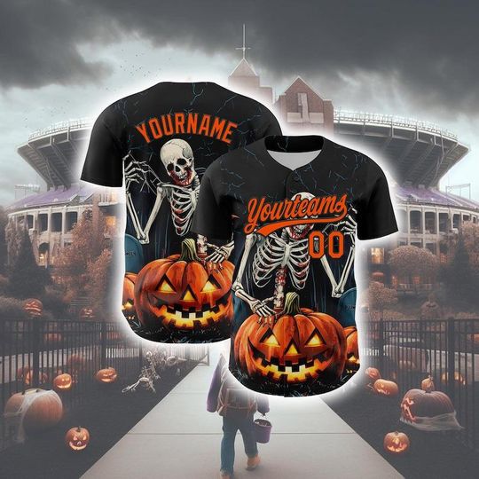 Discover Personalized Halloween Horror Baseball Jersey - Custom Black Orange 3D Jersey - Kids & Adults Authentic Team Costume