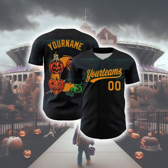Discover Personalized Halloween Horror Baseball Jersey - Custom Black Orange Green 3D Pumpkin Jersey - Spooky Authentic Halloween Outfit