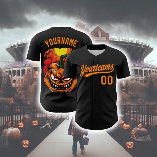 Discover Personalized Halloween Horror Baseball Jersey - Custom Black Orange Green 3D Pumpkin Jersey - Spooky Authentic Halloween Outfit