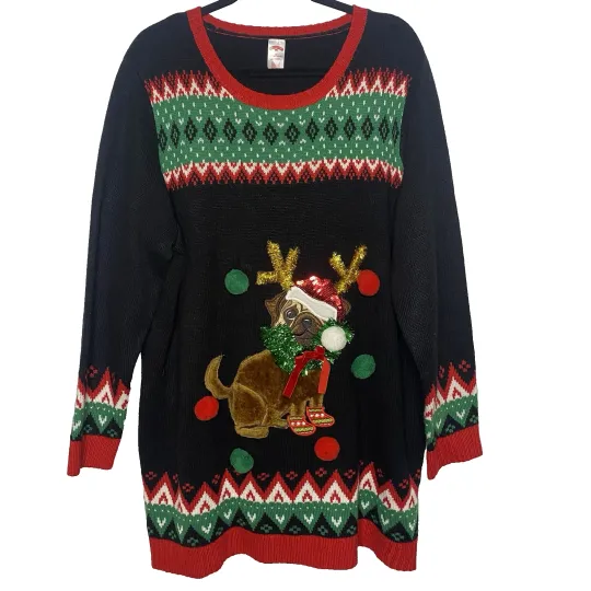 HOLIDAY TIME Ugly Sweater Pug Dog Reindeer Pom Pom Pullover Womens 2X Festive
