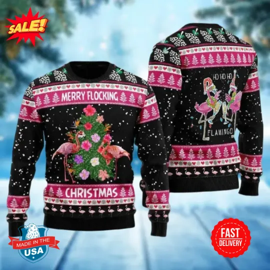 Flamingo Ugly Christmas Sweater, Flamingo Santa Xmas Sweater, Christmas Tree Swe