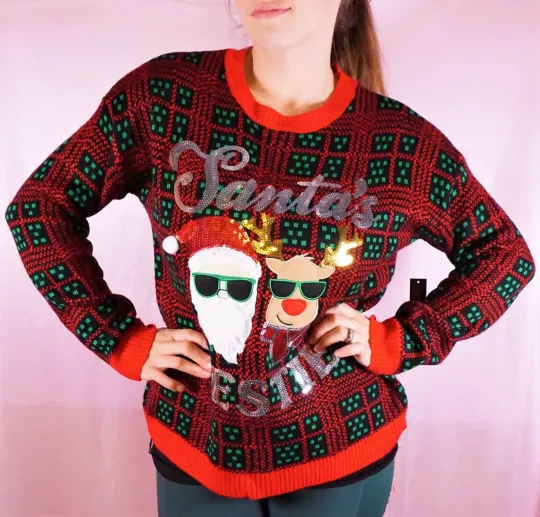 Ugly Christmas Sweater Red Green Santa's Bestie Rudolph Sequin Sweater