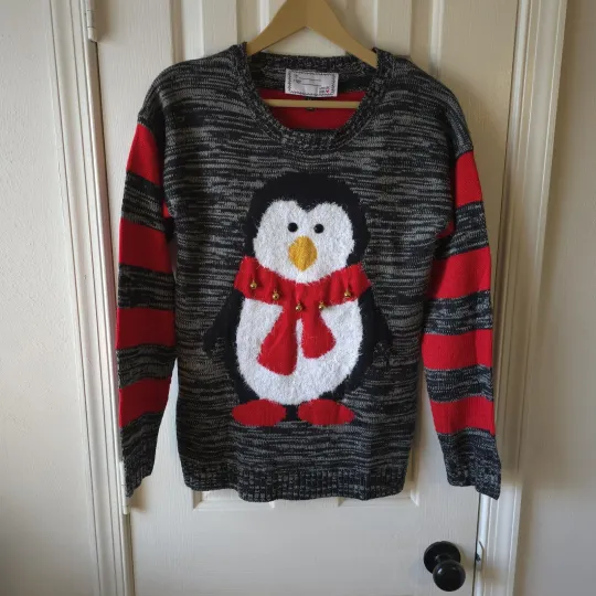 Women’s Ugly Christmas Sweater M Penguin Scarf Bells Black Red Holiday