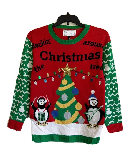 With Love Derek Ugly Christmas Sweater Penguins Christmas Tree Sequin Size M New