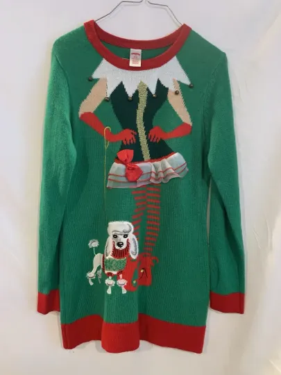 Discover Women’s Small 4-6 Holiday Time Ugly Christmas Sweater Sexy Women With Poodle