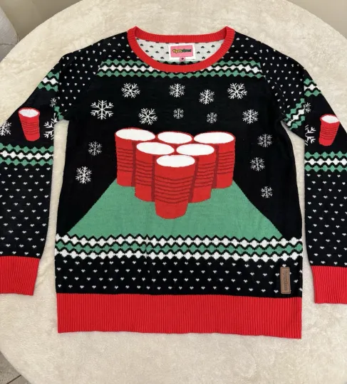 TIPSY ELVES Xmas Sweater UNISEX “ BEER PONG”  Ugly Christmas Sweater LARGE