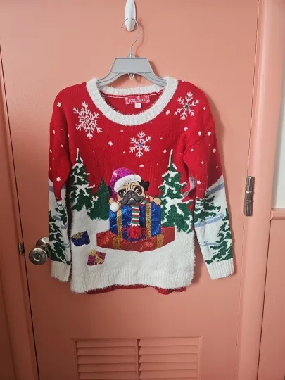 Jollidays Dog Pug Ugly Christmas Holiday Sweater Women's Size XS Sequins 3D