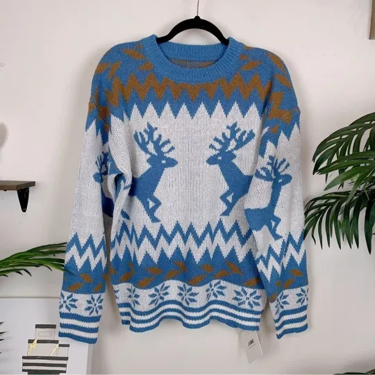 Discover J.ING Blue Christmas Ugly Sweater Elk Pattern Oversize  Women Sweater