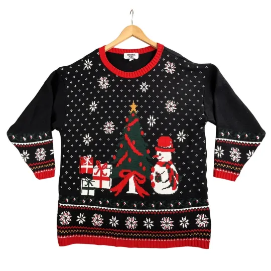 VTG Ugly Christmas Sweater Women's XL Black Snowflake Tree Snowman USA Made Y2K