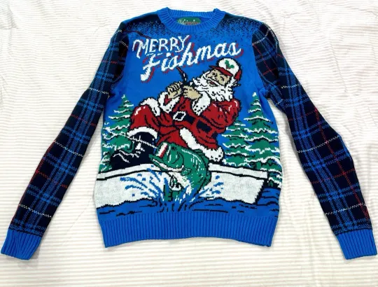 Women’s Ugly Christmas Sweater Blue Tartan Size Small Merry Fishmas Santa Claus