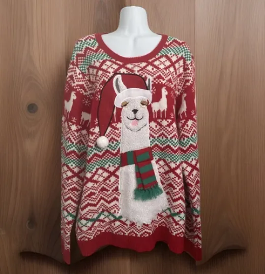 Jolly Sweater Red Llama Ugly Christmas Sweater Size Large Tunic Fair Isle