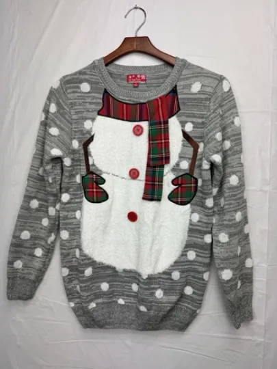 To Be Jolly Women's Ugly Christmas Sweater Feather Snowman (GRAY/WHITE) Size S