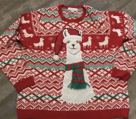 Jolly Sweaters Size XL Llama in 3D Scarf and Santa Hat Ugly Christmas Sweater