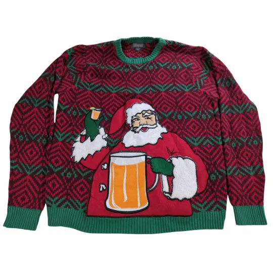 33Degrees Santa Beer Pocket Ugly Christmas Sweater Red Green Mens XL Funny