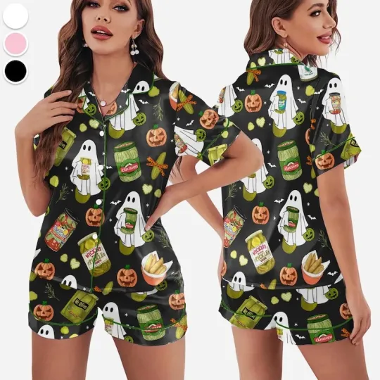 Halloween Pickle Print Satin Pajamas Set Printed Comfortable Satin Pajamas and L