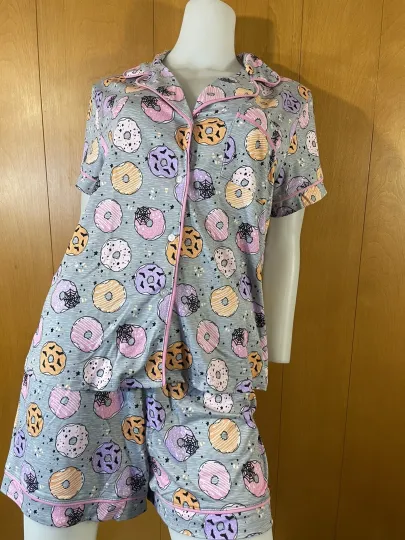 New Jaclyn Intimates Halloween Donut Bats Button Up Top & Shorts Pajama Set L