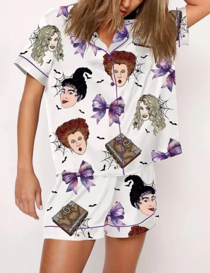 Hocus Pocus Coquette Bow Spooky Halloween Satin Short-Sleeve Pajamas Set