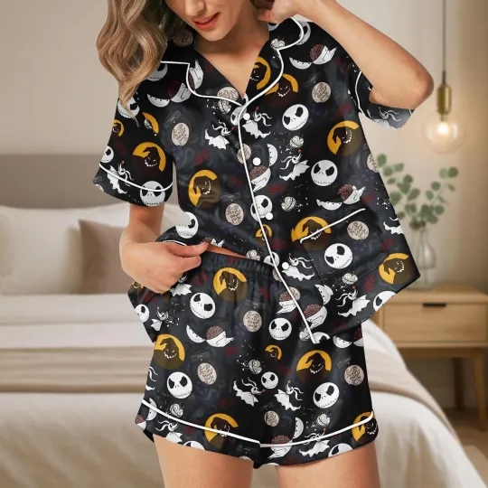Nightmare Before Christmas Halloween Spooky Vibes Satin Short-Sleeve Pajamas Set