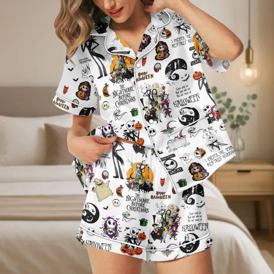Discover The Nightmare Before Christmas Happy Halloween Satin Short-Sleeve Pajamas Set