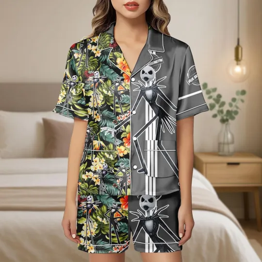 Discover Halloween Jack Skellington Tropical Flowers Satin Short-Sleeve Pajamas Set