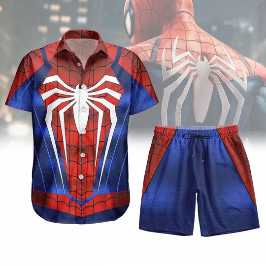 Discover Spider-Man Costume Button Shirt for Men with Shorts, Halloween Spiderman Cosplay