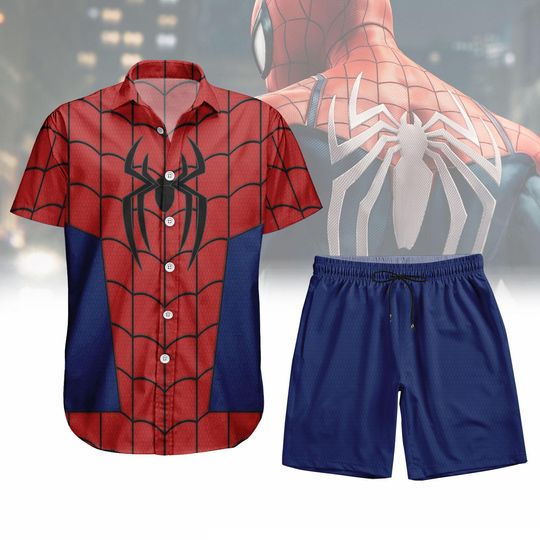 Spider-Man Costume Hawaiian Shirt and Shorts for Men, Spiderman Cosplay