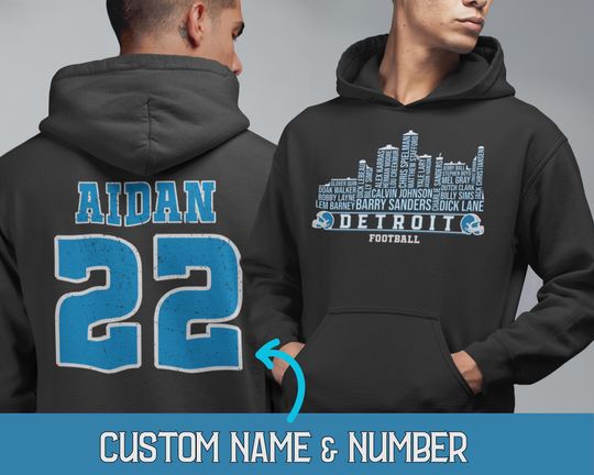 Discover Custom Detroit Football All Time Legends Hoodie, Personalized Retro Detroit Skyline Sweatshirt, Trendy Vintage Style Detroit Game Day Hoodie
