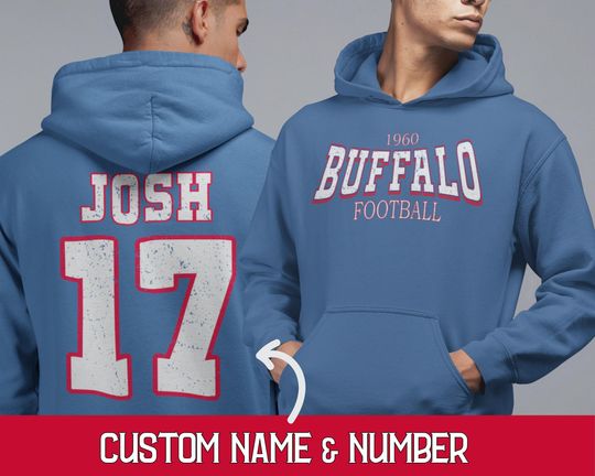Discover Custom Buffalo Football Hoodie, Trendy Buffalo Game Day Hoodie, Personalized Retro 80s Vintage Style, Buffalo Red Blue Football Sweatshirt
