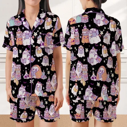 Cute Bookish Ghost Halloween Satin Pajamas, Book Lover, Reading Boo, Ghost Readi