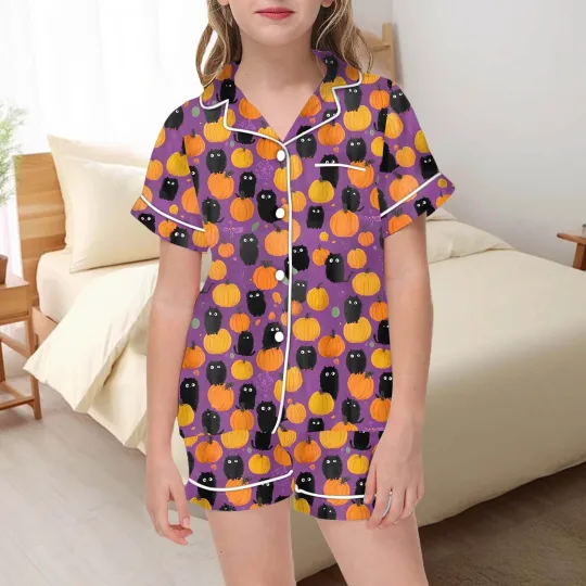 Girls Halloween Pajama Set Cute Button Up Top And Shorts 2 Piece Outfit