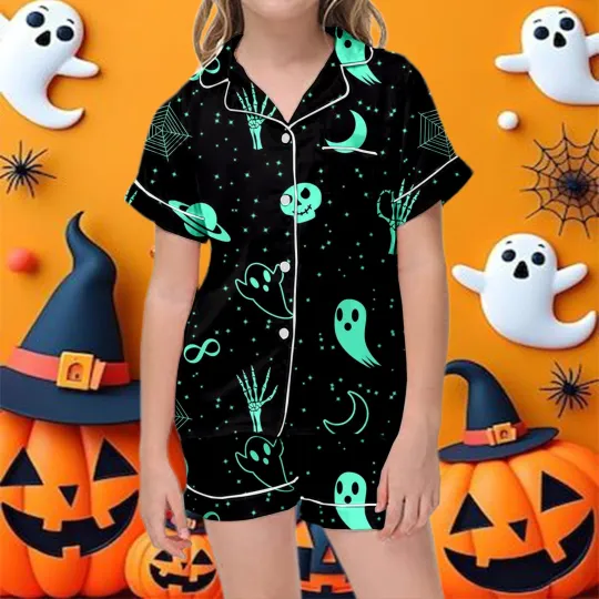 Kids Girls Halloween Cartoon Floral Printed Short Sleeve Button Down Pajamas