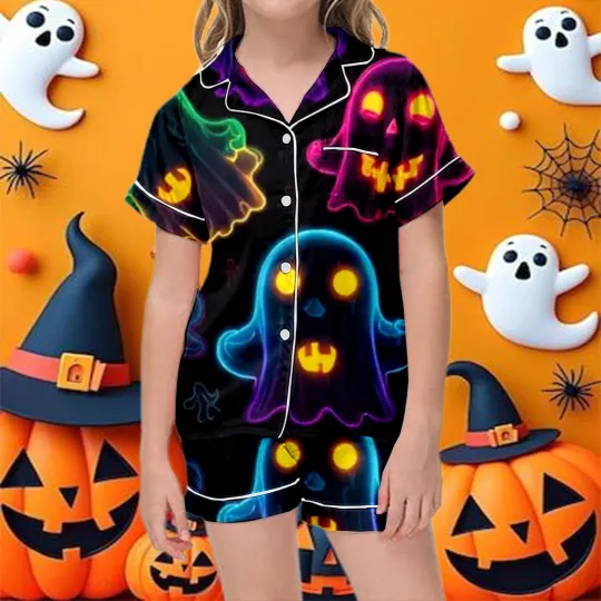 Discover Kids Girls Halloween Cartoon Floral Printed Short Sleeve Button Down Pajamas