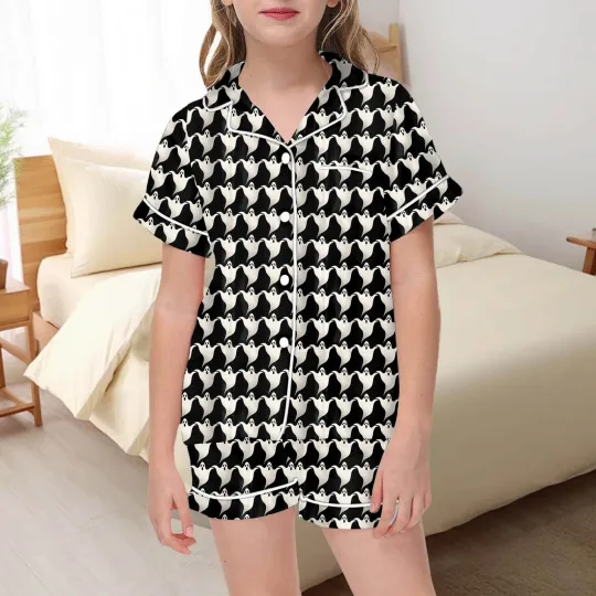 Girls Halloween Pajama Set Cute Button Up Top And Shorts 2 Piece Outfit For