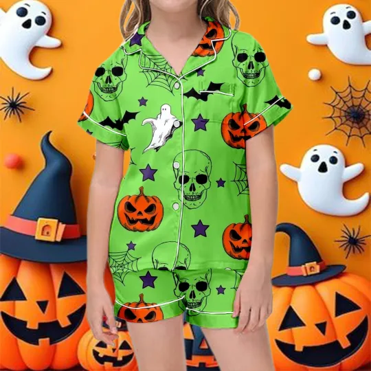 Discover Kids Girls Halloween Cartoon Floral Printed Short Sleeve Button Down Pajamas