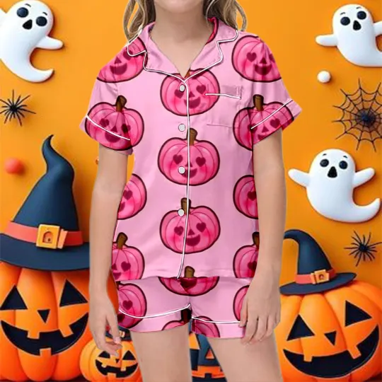 Discover Kids Girls Halloween Cartoon Floral Printed Short Sleeve Button Down Pajamas