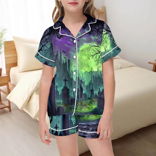 Girls Halloween Pajama Set Cute Button Up Top And Shorts 2 Piece Sleepwear
