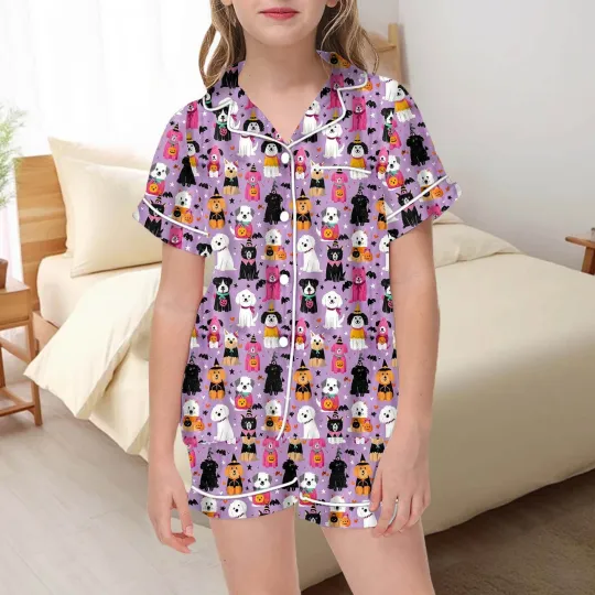 Girls Halloween Pajama Set 2 Piece Cute Button Up Top And Shorts Comfortable
