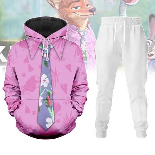 Nick Wilde Pink Hoodie Jogger Set - Disney Zootopia Halloween Costume for Men