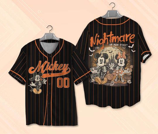 Vintage Mickey Skeleton Nightmare On Main Street Baseball Jersey, Mickey Skeleton Shirt, Disney Trip Halloween Shirt, Mickey Halloween Shirt