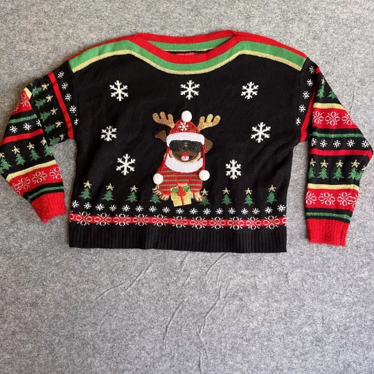 Blizzard Bay Ugly Christmas Sweater Women’s Large Black Red Dog Pug Boat Neck
