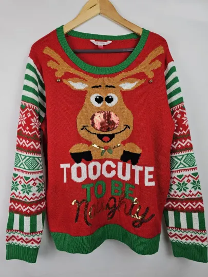 Ugly Christmas Sweater Juniors Size  Red Too Cute To Be Naughty Jingle Bells