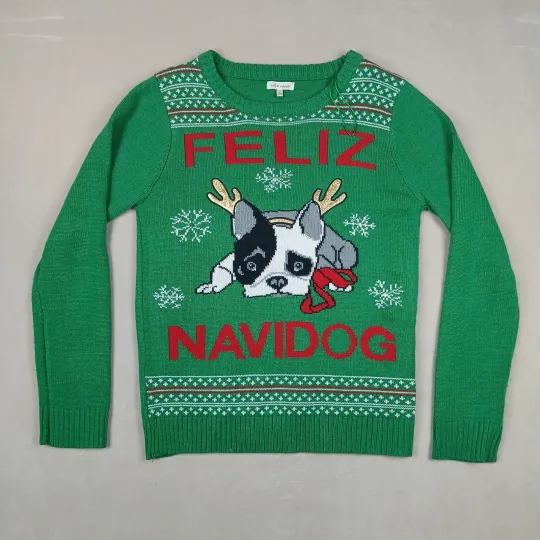 Ugly Xmas Sweater Large Womens Frenchie Feliz Navidog Christmas