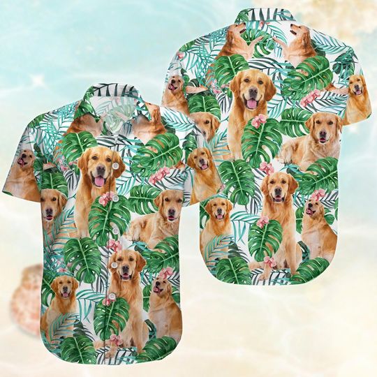 Discover Golden Retriever Dog Button Shirt, Cute Dog Hawaiian Shirt, Matching Summer Shirt For Family Trip, Tropical Shirt For Dog Owners