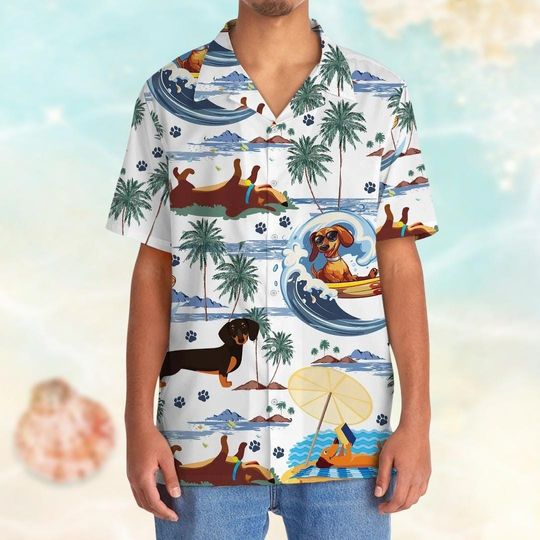 Discover Dachshunds Surfing Hawaiian Shirt, Cute Dog Button Shirt, Funny Dog Beach Shirt, Aloha Shirt Men Women, Bachelor Party Shirt For Summer