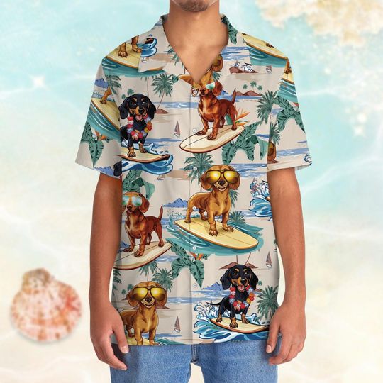 Dachshund Aloha Hawaiian Shirt, Dog Surfing On Beach Shirt, Cute Hawaii Tee For Group, Sausage Dog Button Shirt, Tropical Summer Shirt
