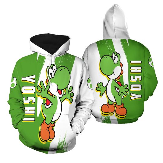 Happy Yoshi Custom Name Full Over Print 3D Hoodie, Super Mario Yoshi Cosplay Hoodie, Mario Bros Video Game Hoodie