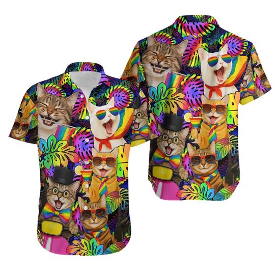 Rainbow Cat Hawaiian Shirt for Men Women Youth, Funny Pride Cats Aloha Shirt, Colorful Summer Tropical Button-Up Party Shirt Short Sleeve